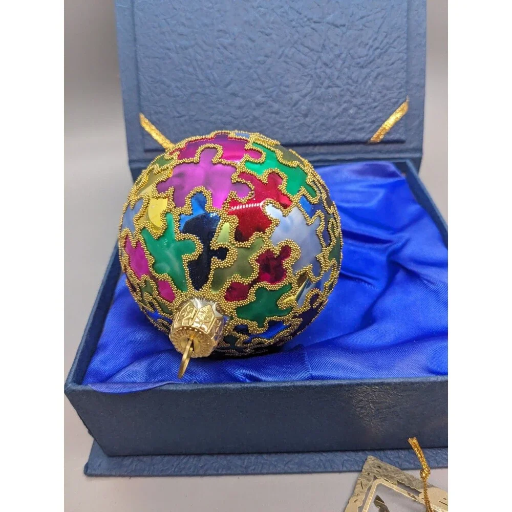 Crate & Barrel Multicolor Glass Puzzle Piece Christmas Ornament Autism Awareness